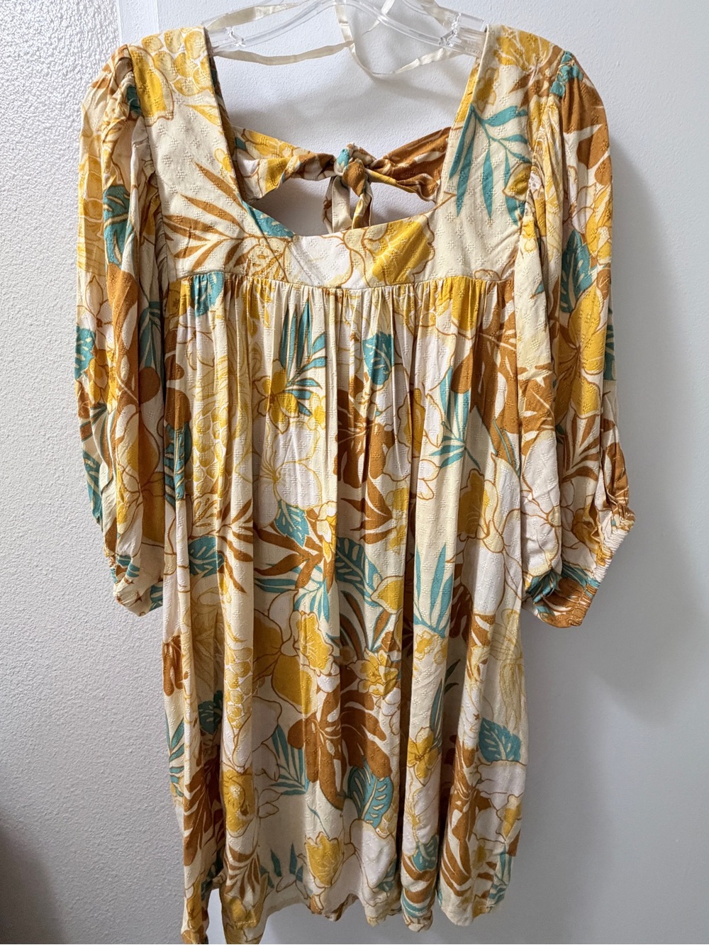 Floral Tie-Back Mini Dress in Cream and Mustard